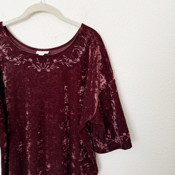 [J. Jill] Maroon Floral Embroidered Scoop Neck Velvet Blouse Boho Tunic Sz Large - Picture 5 of 10